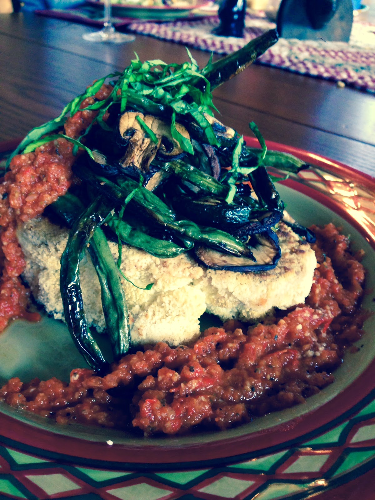 Vegan, Gluten Free, Grain Free and Paleo Tempura Cauliflower Steak! Topped with blistered Italian veggies. Positively delicious!