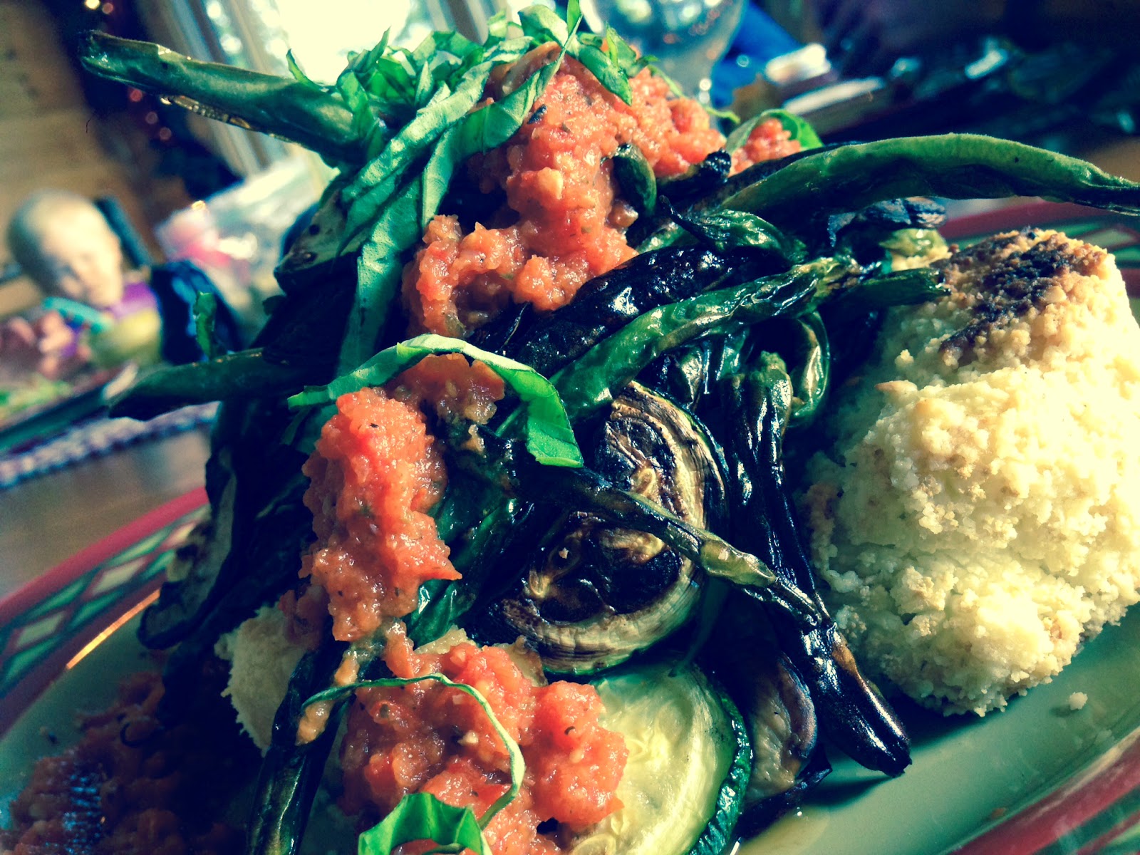 Vegan, Gluten Free, Grain Free and Paleo Tempura Cauliflower Steak! Topped with blistered Italian veggies. Positively delicious!
