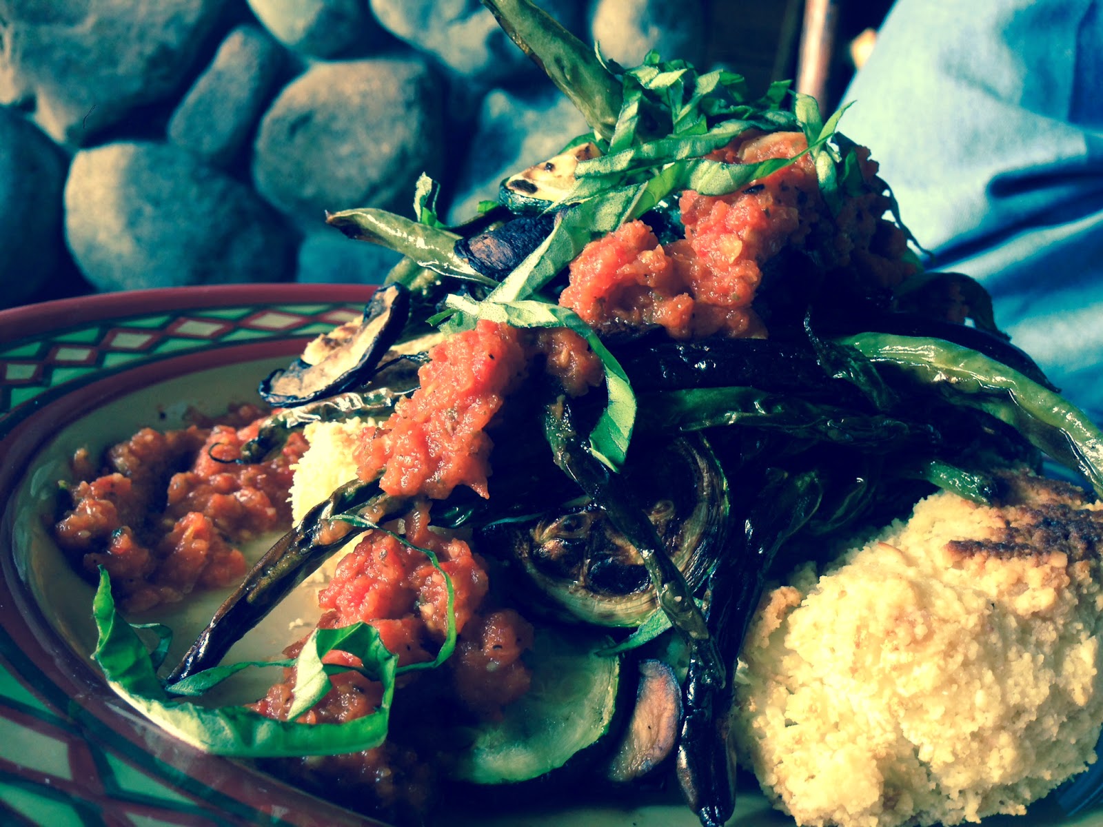 Vegan, Gluten Free, Grain Free and Paleo Tempura Cauliflower Steak! Topped with blistered Italian veggies. Positively delicious!