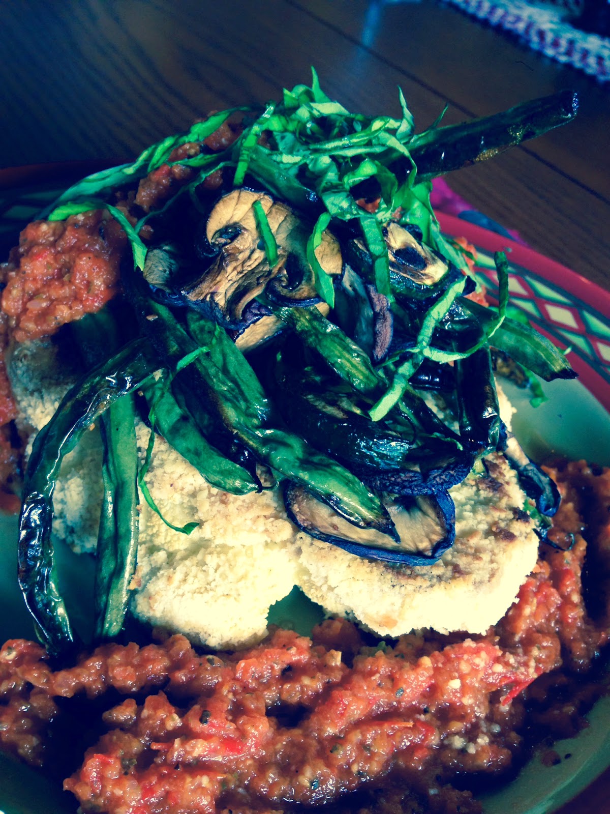Vegan, Gluten Free, Grain Free and Paleo Tempura Cauliflower Steak! Topped with blistered Italian veggies. Positively delicious!
