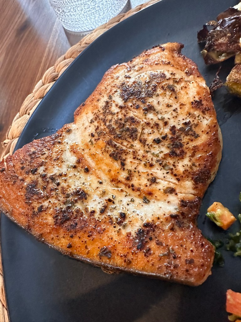 Think you don't like Swordfish?? THINK AGAIN! This melt in your mouth recipe is my new favorite dinner! Crispy outside and tender, juicy inside! YUM! #cooking #fish #glutenfree #keto #lowcarb #food #dinner #yum #paleo #specificcarbohydratediet