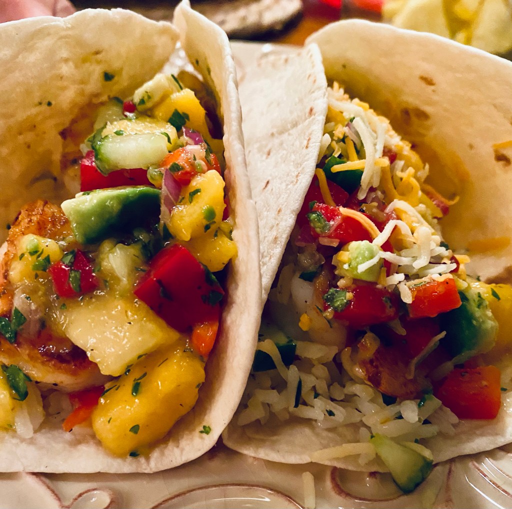 Shrimp Tacos with Pineapple Salsa and Cilantro Lime Rice! By BeautyBeyondBones #food #glutenfree #grainfree #paleo #keto #pescatarian #mexicanfood #edrecovery #healthyfood #yum