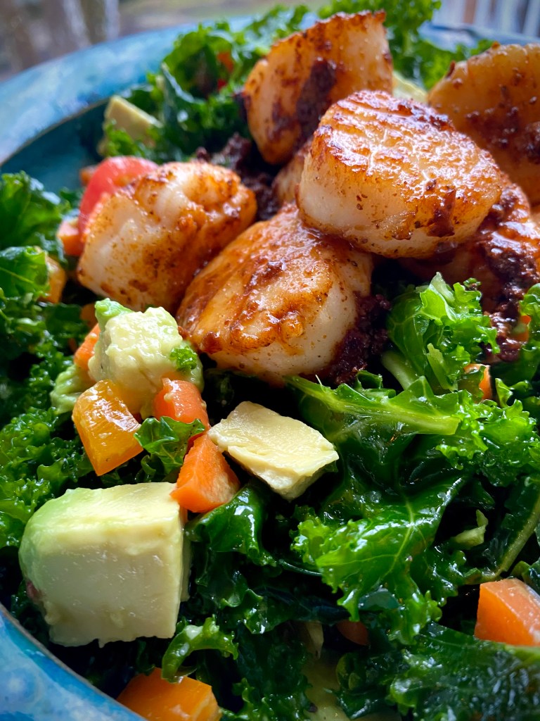 An irresistibly delicious seafood #salad! My Spicy Scallop Kale Salad is packed with #protein, healthy fats and is outrageously delicious! It's #keto and gluten free! #food #glutenfree #recipe #paleo #lowcarb #healthy #healthyfood  
