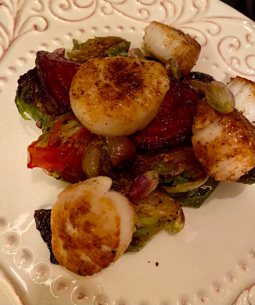 Scallops are dressed to the nines with my Harvest Gem Scallops! Slow roasted beets and brussels sprouts, crunchy pistachios and roasted grapes, kissed with champagne vinaigrette! This gluten free and paleo dinner is truly divine! #glutenfree #keto #paleo #healthyfood #food #recipe #scallops #pescatarian #dinner #specificcarbohydtratediet 