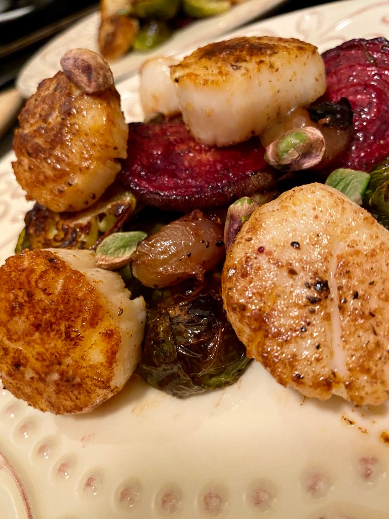 Scallops are dressed to the nines with my Harvest Gem Scallops! Slow roasted beets and brussels sprouts, crunchy pistachios and roasted grapes, kissed with champagne vinaigrette! This gluten free and paleo dinner is truly divine! #glutenfree #keto #paleo #healthyfood #food #recipe #scallops #pescatarian #dinner #specificcarbohydtratediet 