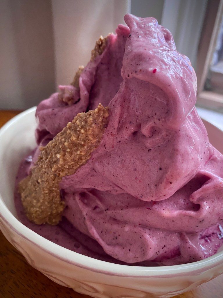 The most AMAZING summer dessert is here! BLUEBERRY PIE ICE CREAM! And topped with almond butter, it is OUT OF THIS WORLD! #vegan #glutenfree #healthyfood #recipe #dessert #icecream #summer #food #recipe #family