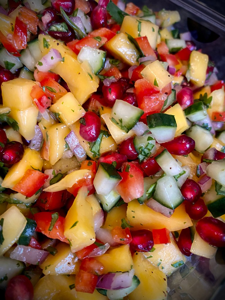 A colorful and delightfully delicious dinner! Sea Bass with Mango Pomegranate Salsa! This healthy and gluten free recipe is bursting with flavor and absolutely beautiful! A #dinner party meal for sure! #food #recipe #glutenfree #paleo #lowcarb #healthyfood #health #cooking #edrecovery