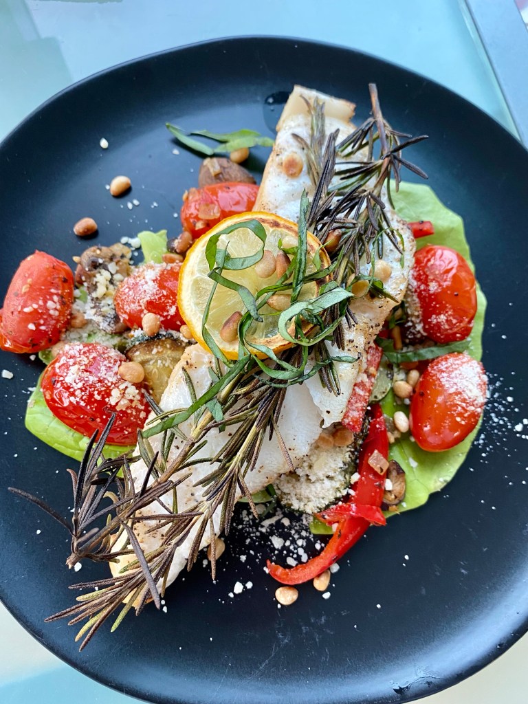 OH MY GOSH - THE BEST healthy spring recipe! Herbed Sea Bass with Wild Mushroom and Pine Nuts! This gluten free, keto and paleo dinner will be a family favorite! Also great for date night! #food #paleo #keto #glutenfree #grainfree #specificcarbohydratediet #yum #healthyfood #edrecovery