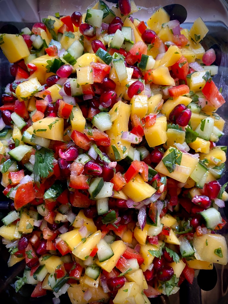 A colorful and delightfully delicious dinner! Sea Bass with Mango Pomegranate Salsa! This healthy and gluten free recipe is bursting with flavor and absolutely beautiful! A #dinner party meal for sure! #food #recipe #glutenfree #paleo #lowcarb #healthyfood #health #cooking #edrecovery