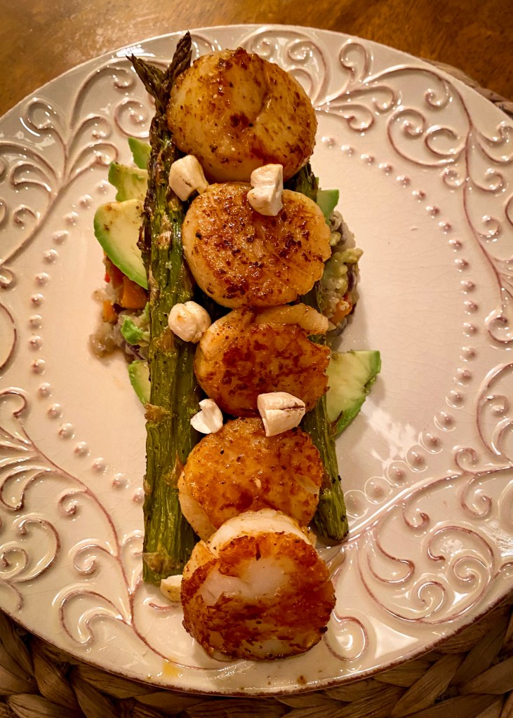 A healthy and delicious KETO dinner! My scallop fried rice tower is a feast for the eyes as well as the stomach! This gluten free recipe is a staple in house! It's Specific Carbohydrate Diet friendly too! #food #keto #paleo #lowcarb #healthyfood #fish #seafood #glutenfree #specificcarbohydratediet #friedrice