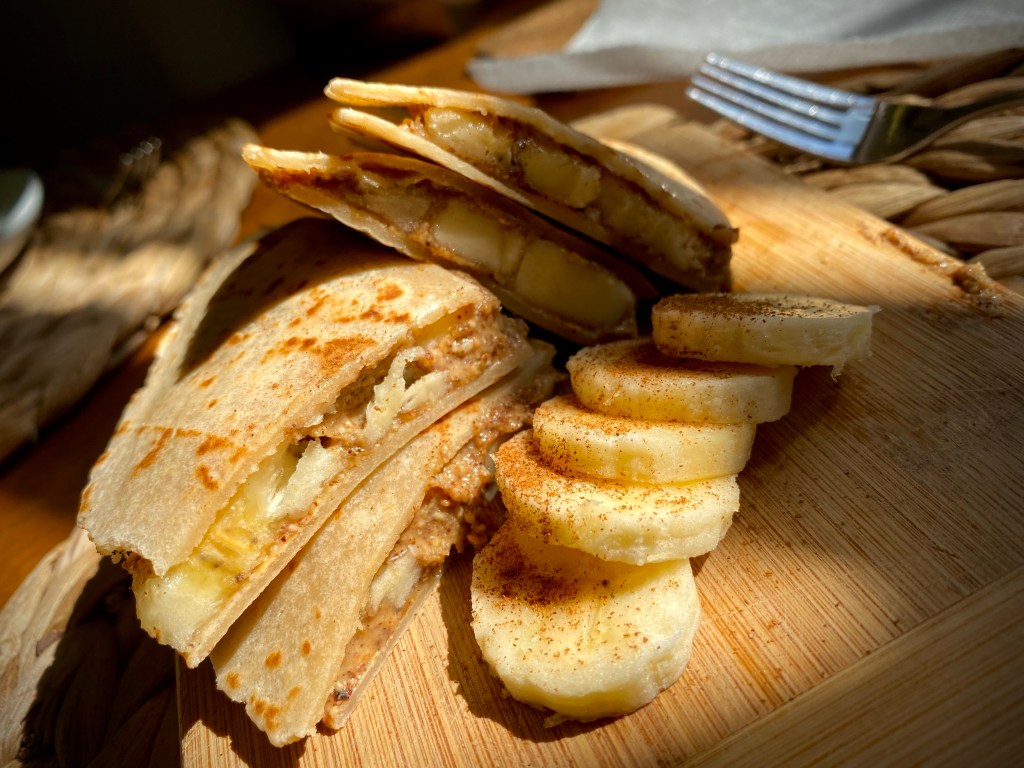 A healthy and kid-friendly #recipe! Chunky Monkey Quesadillas! A protein-packed breakfast, snack or even sweet treat, that the whole #family will love! #food #glutenfree #vegan #vegetarian #healthyfood #cooking #dessert #kids 