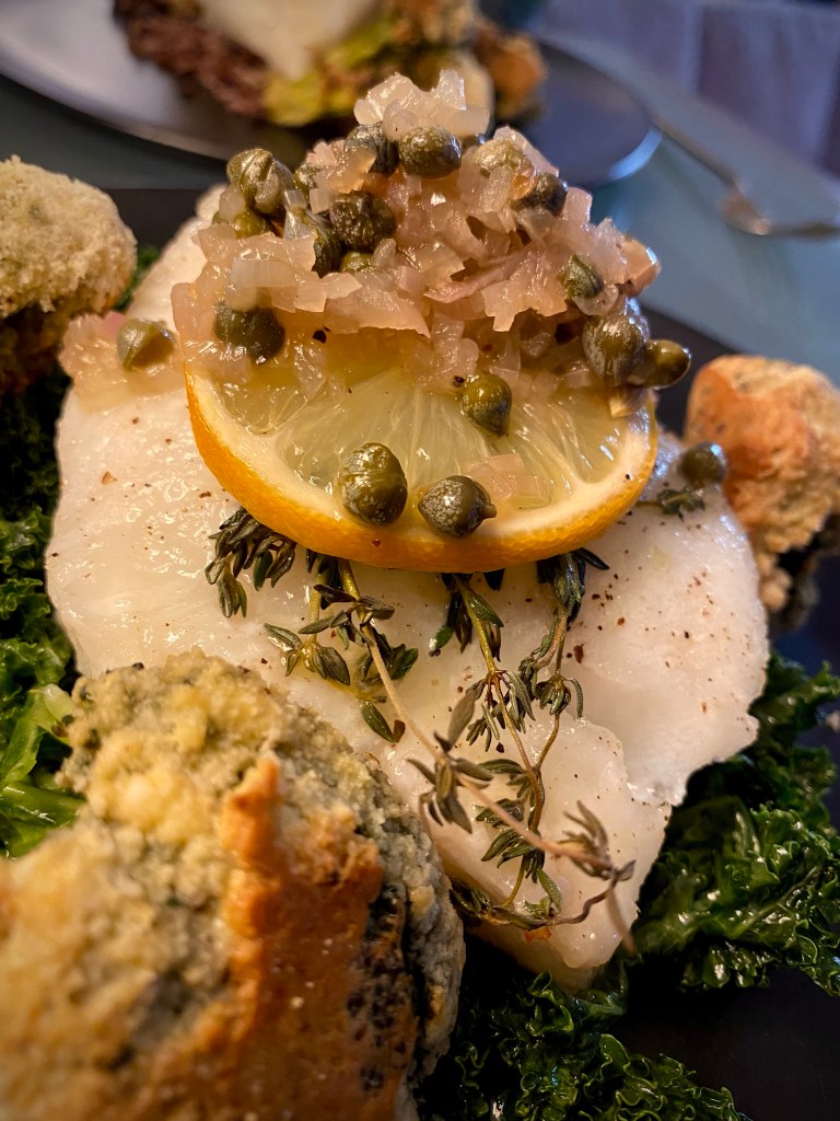 A delicious and #healthy #dinner of Halibut with a white wine and caper sauce, and KETO TEMPURA BROCCOLI! How is it #keto? It uses almond flour! #lowcarb #glutenfree #paleo #ulcerativecolitis #food #recipe #specificcarbohydratediet 