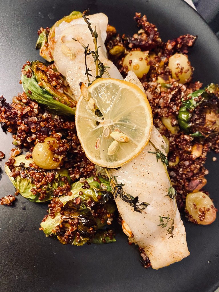 Halibut with Pistachio Quinoa Pilaf by BeautyBeyondBones #food #healthyfood #lent #dairyfree #glutenfree #keto #paleo