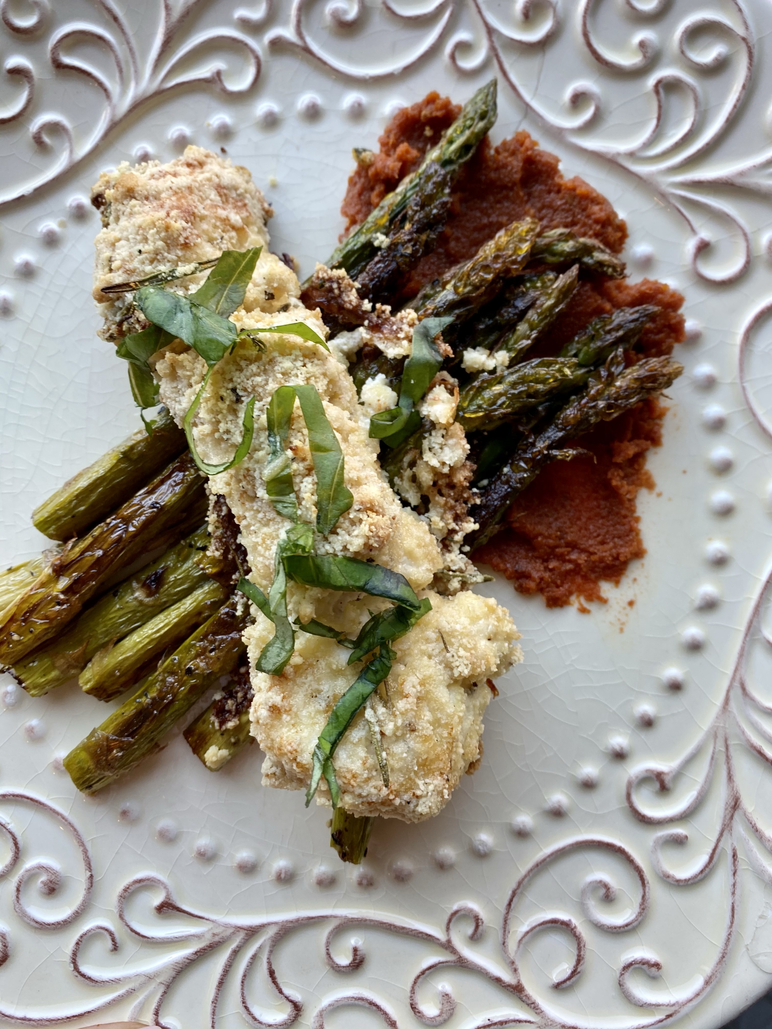 Almond Flour Breaded Cod, with shoestring sweet potato fries and sun-dried tomato pesto! By BeautyBeyondBones #glutenfree #grainfree #keto #paleo #specificcarbohydratediet #pescatarian #dinner #food #edrecovery #yum