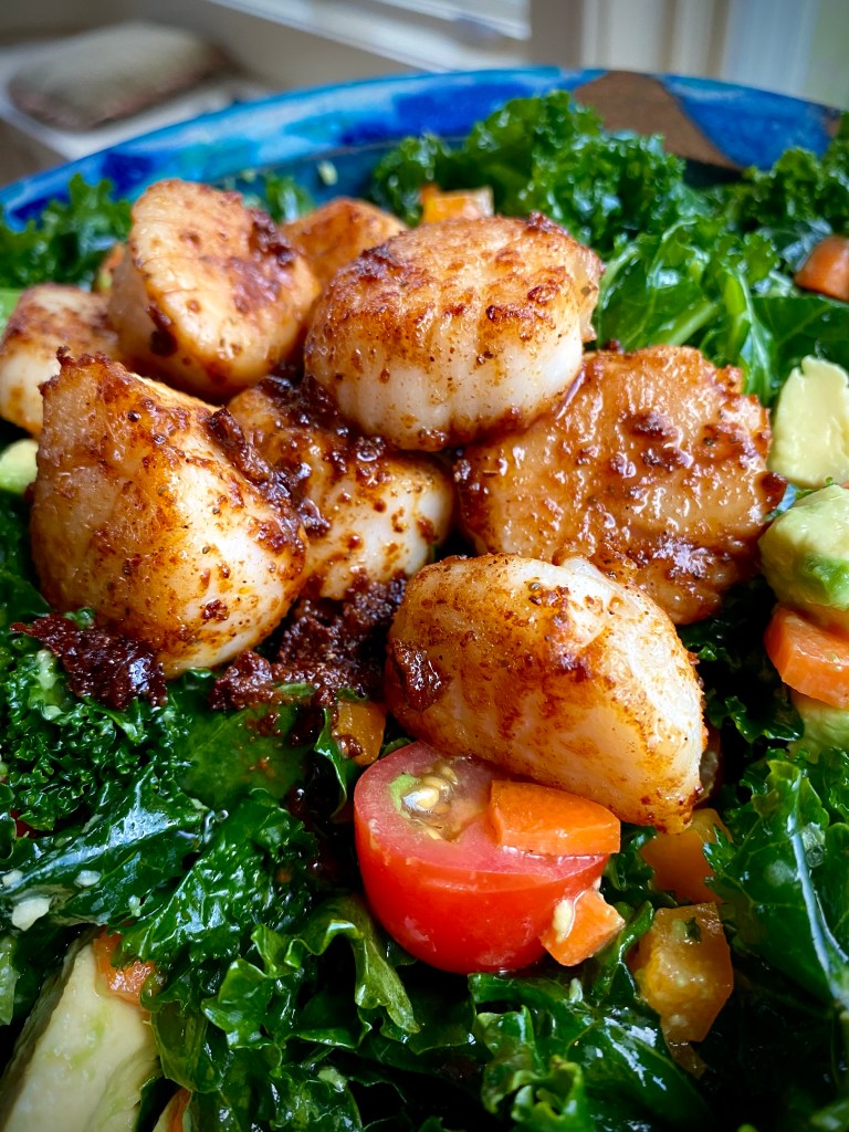 An irresistibly delicious seafood #salad! My Spicy Scallop Kale Salad is packed with #protein, healthy fats and is outrageously delicious! It's #keto and gluten free! #food #glutenfree #recipe #paleo #lowcarb #healthy #healthyfood  
