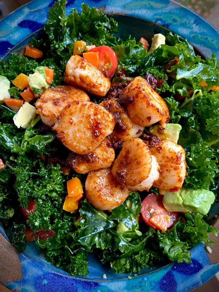 An irresistibly delicious seafood #salad! My Spicy Scallop Kale Salad is packed with #protein, healthy fats and is outrageously delicious! It's #keto and gluten free! #food #glutenfree #recipe #paleo #lowcarb #healthy #healthyfood  