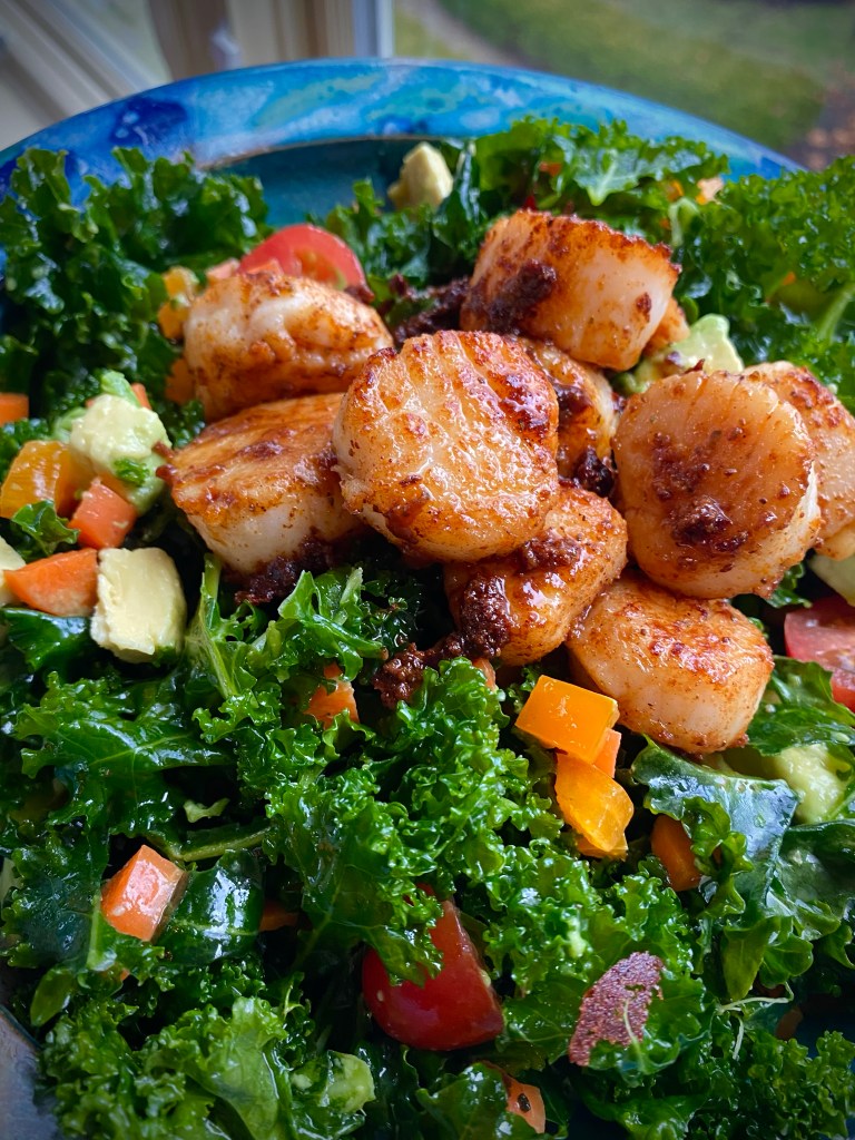 An irresistibly delicious seafood #salad! My Spicy Scallop Kale Salad is packed with #protein, healthy fats and is outrageously delicious! It's #keto and gluten free! #food #glutenfree #recipe #paleo #lowcarb #healthy #healthyfood  