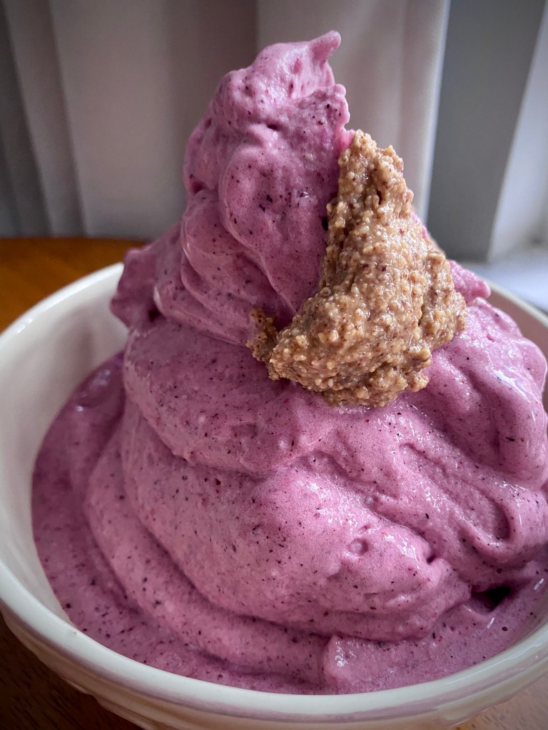 The most AMAZING summer dessert is here! BLUEBERRY PIE ICE CREAM! And topped with almond butter, it is OUT OF THIS WORLD! #vegan #glutenfree #healthyfood #recipe #dessert #icecream #summer #food #recipe #family