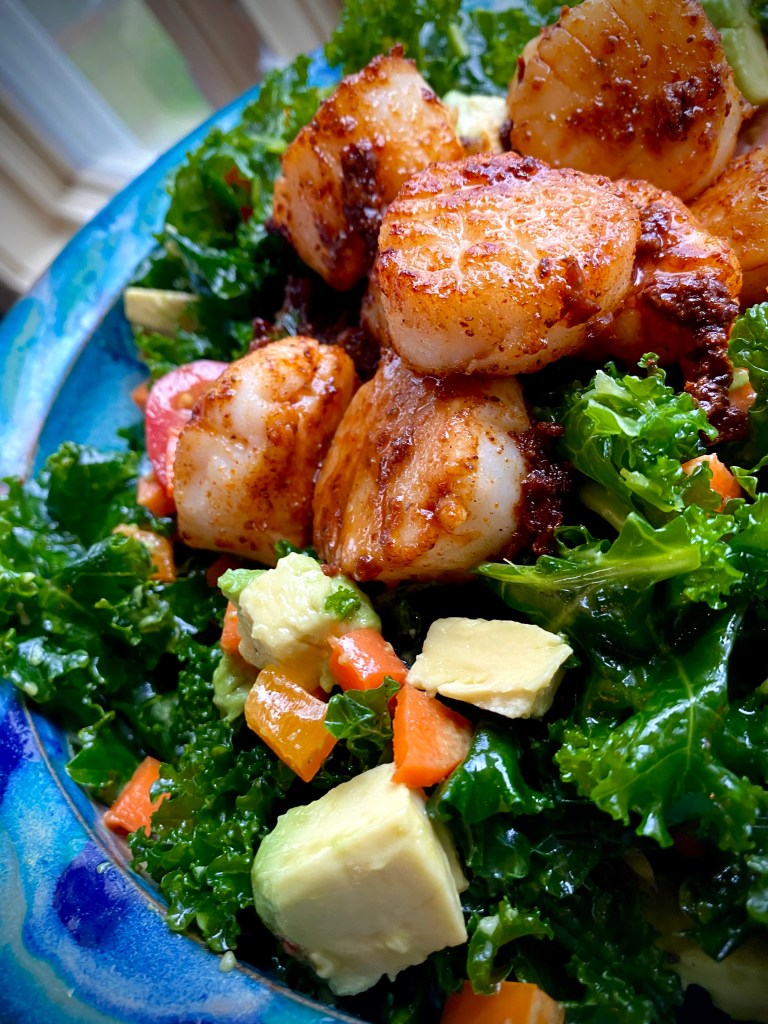 An irresistibly delicious seafood #salad! My Spicy Scallop Kale Salad is packed with #protein, healthy fats and is outrageously delicious! It's #keto and gluten free! #food #glutenfree #recipe #paleo #lowcarb #healthy #healthyfood  