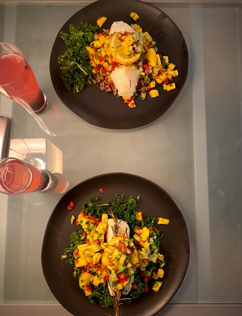 A #healthy and delicious date night recipe! Sea Bass with #Tropical Salsa! Juicy pineapple and sweet mango are front and center in this gorgeous and tasty #dinner! #food #glutenfree #healthyfood #paleo #cooking #datenight 