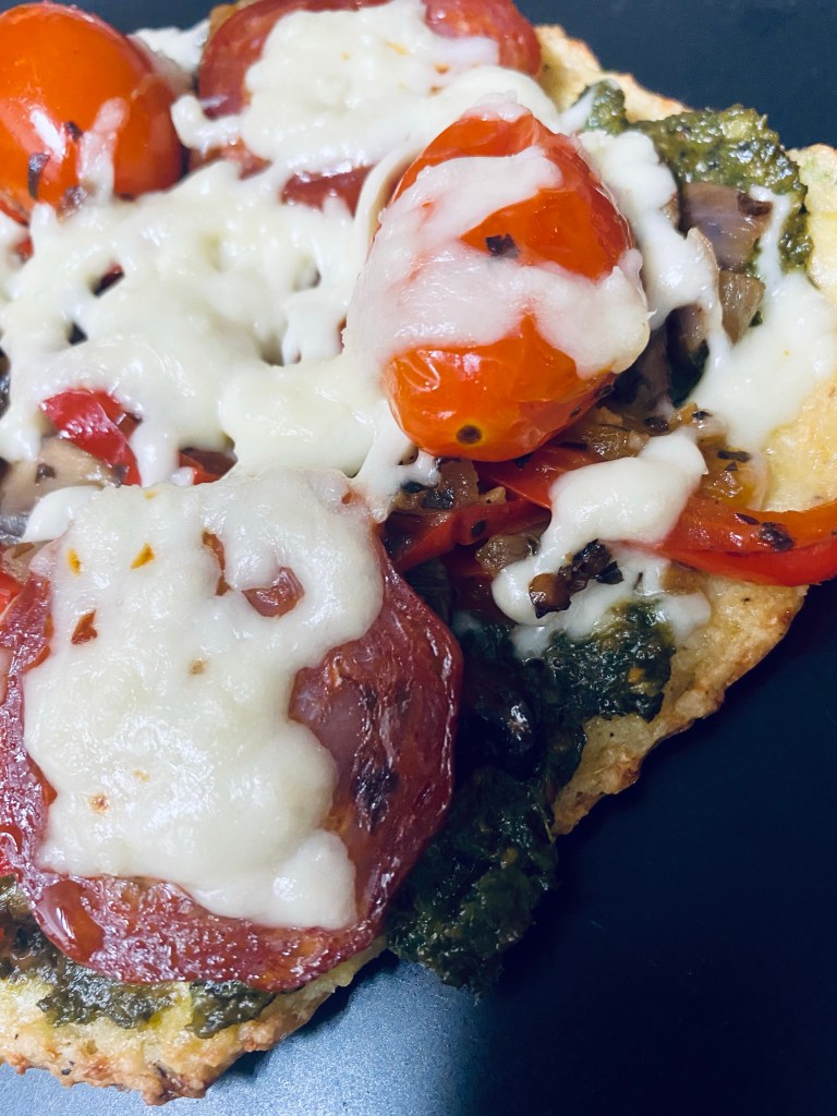 Keto Pesto Pizza! By BeautyBeyondBones #pizza #keto #glutenfree #grainfree #paleo #healthyfood #edrecovery #food