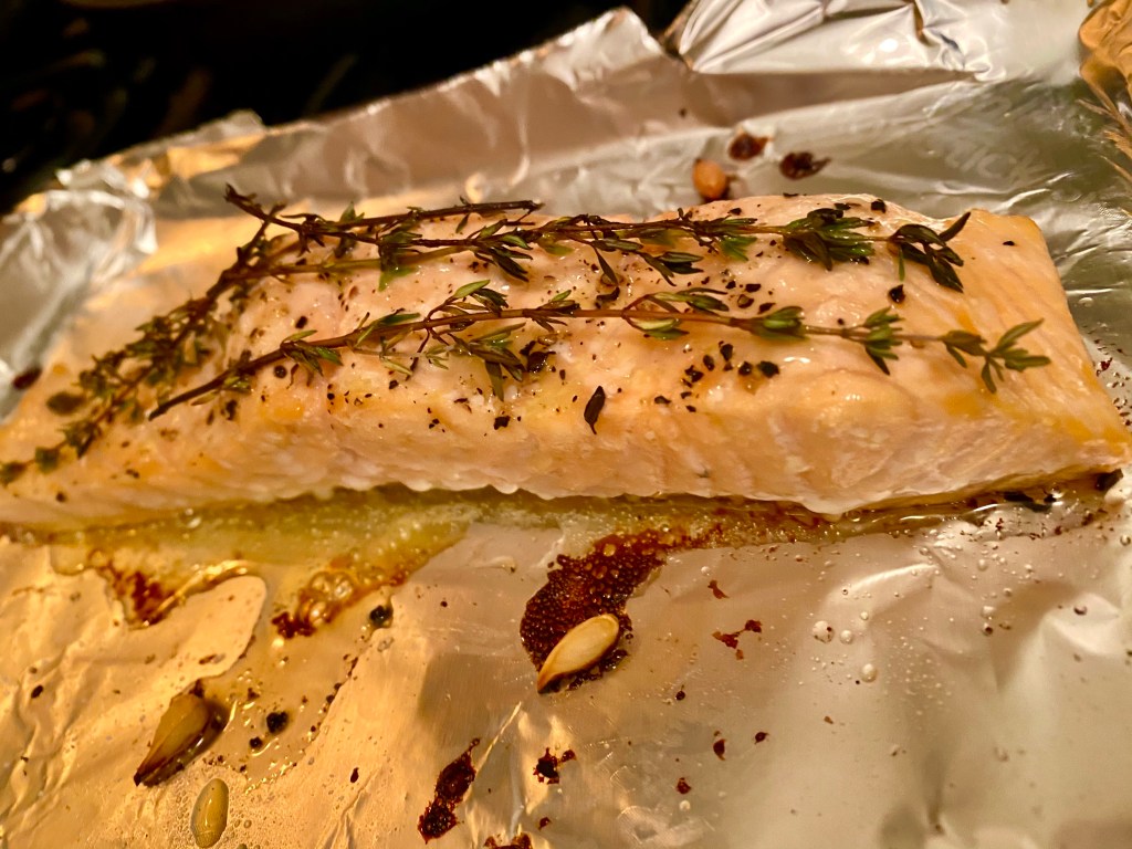 Thyme Roasted Salmon by BeautyBeyondBones #seafood #pescatarian #salmon #dinner #glutenfree #paleo #grainfree #food #edrecovery #cooking #healthyfood