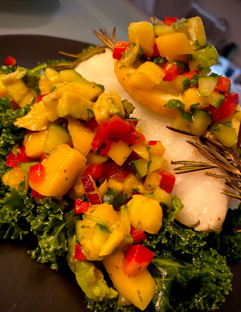 A #healthy and delicious date night recipe! Sea Bass with #Tropical Salsa! Juicy pineapple and sweet mango are front and center in this gorgeous and tasty #dinner! #food #glutenfree #healthyfood #paleo #cooking #datenight 