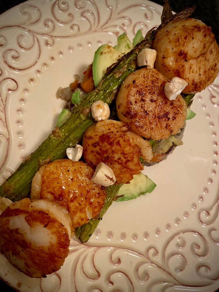 A healthy and delicious KETO dinner! My scallop fried rice tower is a feast for the eyes as well as the stomach! This gluten free recipe is a staple in house! It's Specific Carbohydrate Diet friendly too! #food #keto #paleo #lowcarb #healthyfood #fish #seafood #glutenfree #specificcarbohydratediet #friedrice