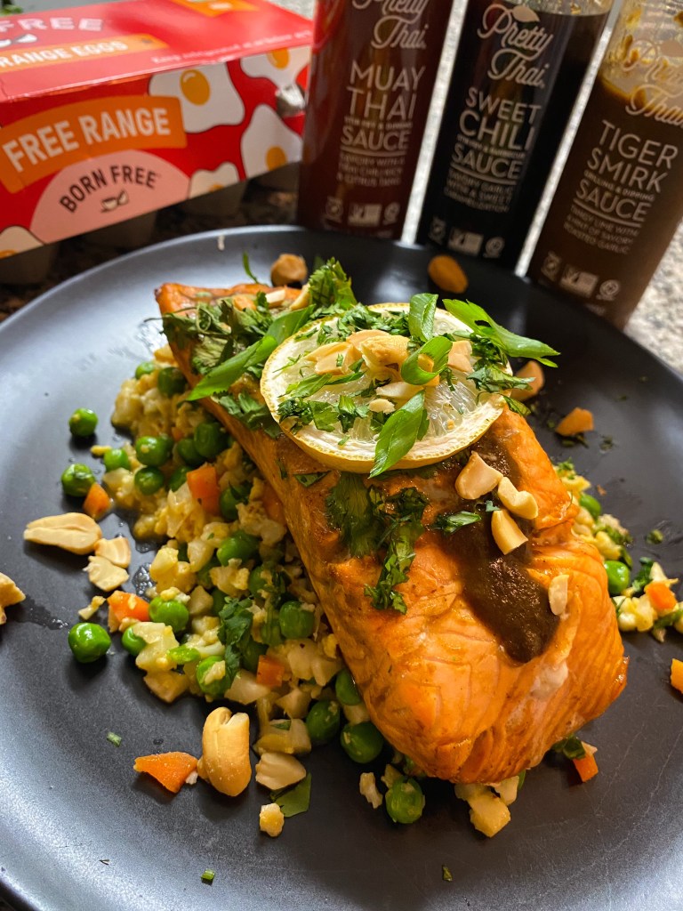 My Tiger Salmon with Sweet Chili Fried Rice recipe is OUTRAGEOUSLY DELICiOUS and is full of my cooking secrets: 1) Marinating salmon before cooking. 2) Stirring in a flavorful sauce to your fried rice right before serving. #glutenfree #keto #lowcarb #dinner #cooking #food #healthyfood #yummy #salmon #scd