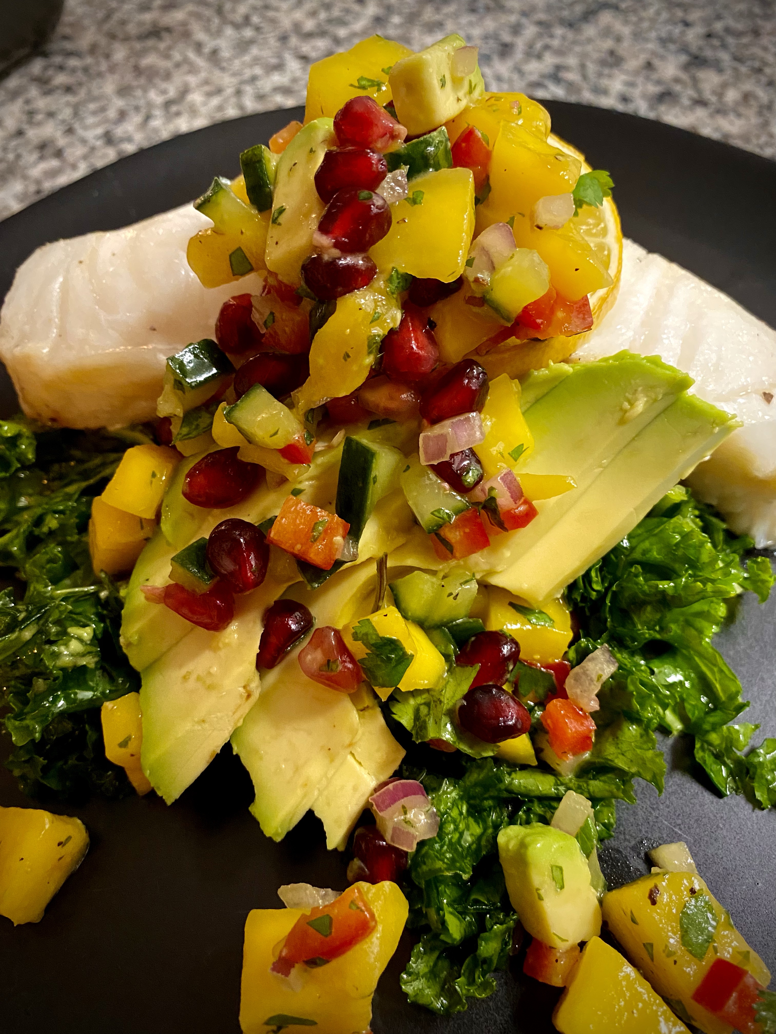 A colorful and delightfully delicious dinner! Sea Bass with Mango Pomegranate Salsa! This healthy and gluten free recipe is bursting with flavor and absolutely beautiful! A #dinner party meal for sure! #food #recipe #glutenfree #paleo #lowcarb #healthyfood #health #cooking #edrecovery