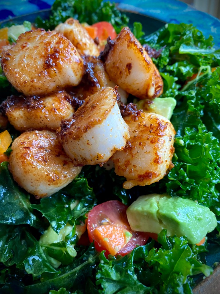 An irresistibly delicious seafood #salad! My Spicy Scallop Kale Salad is packed with #protein, healthy fats and is outrageously delicious! It's #keto and gluten free! #food #glutenfree #recipe #paleo #lowcarb #healthy #healthyfood  