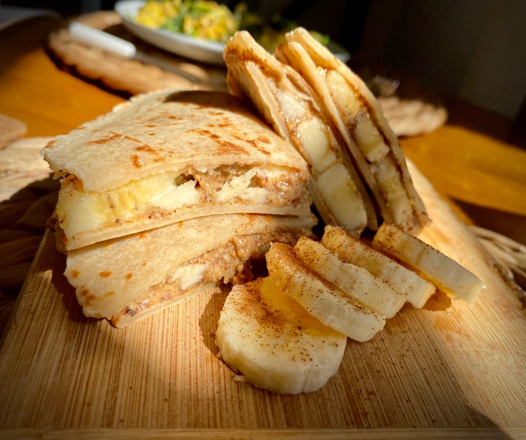 A healthy and kid-friendly #recipe! Chunky Monkey Quesadillas! A protein-packed breakfast, snack or even sweet treat, that the whole #family will love! #food #glutenfree #vegan #vegetarian #healthyfood #cooking #dessert #kids 