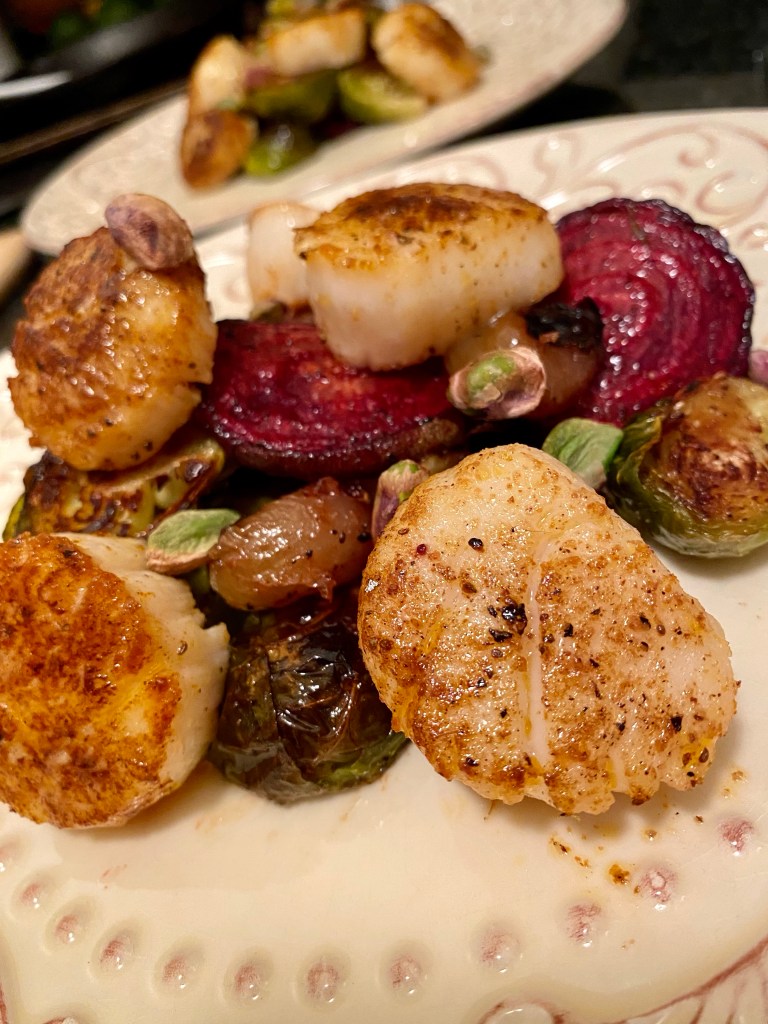 Scallops are dressed to the nines with my Harvest Gem Scallops! Slow roasted beets and brussels sprouts, crunchy pistachios and roasted grapes, kissed with champagne vinaigrette! This gluten free and paleo dinner is truly divine! #glutenfree #keto #paleo #healthyfood #food #recipe #scallops #pescatarian #dinner #specificcarbohydtratediet 
