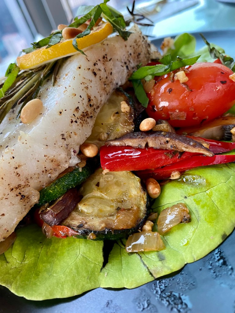 OH MY GOSH - THE BEST healthy spring recipe! Herbed Sea Bass with Wild Mushroom and Pine Nuts! This gluten free, keto and paleo dinner will be a family favorite! Also great for date night! #food #paleo #keto #glutenfree #grainfree #specificcarbohydratediet #yum #healthyfood #edrecovery