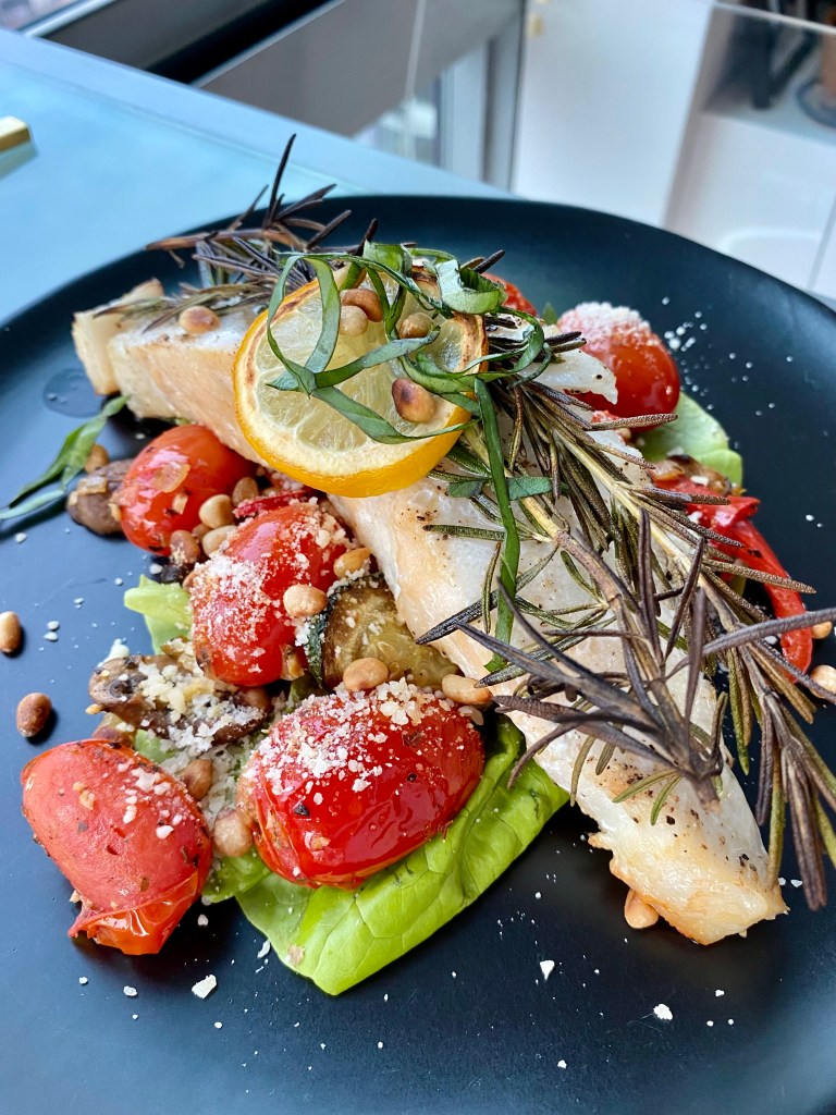 OH MY GOSH - THE BEST healthy spring recipe! Herbed Sea Bass with Wild Mushroom and Pine Nuts! This gluten free, keto and paleo dinner will be a family favorite! Also great for date night! #food #paleo #keto #glutenfree #grainfree #specificcarbohydratediet #yum #healthyfood #edrecovery