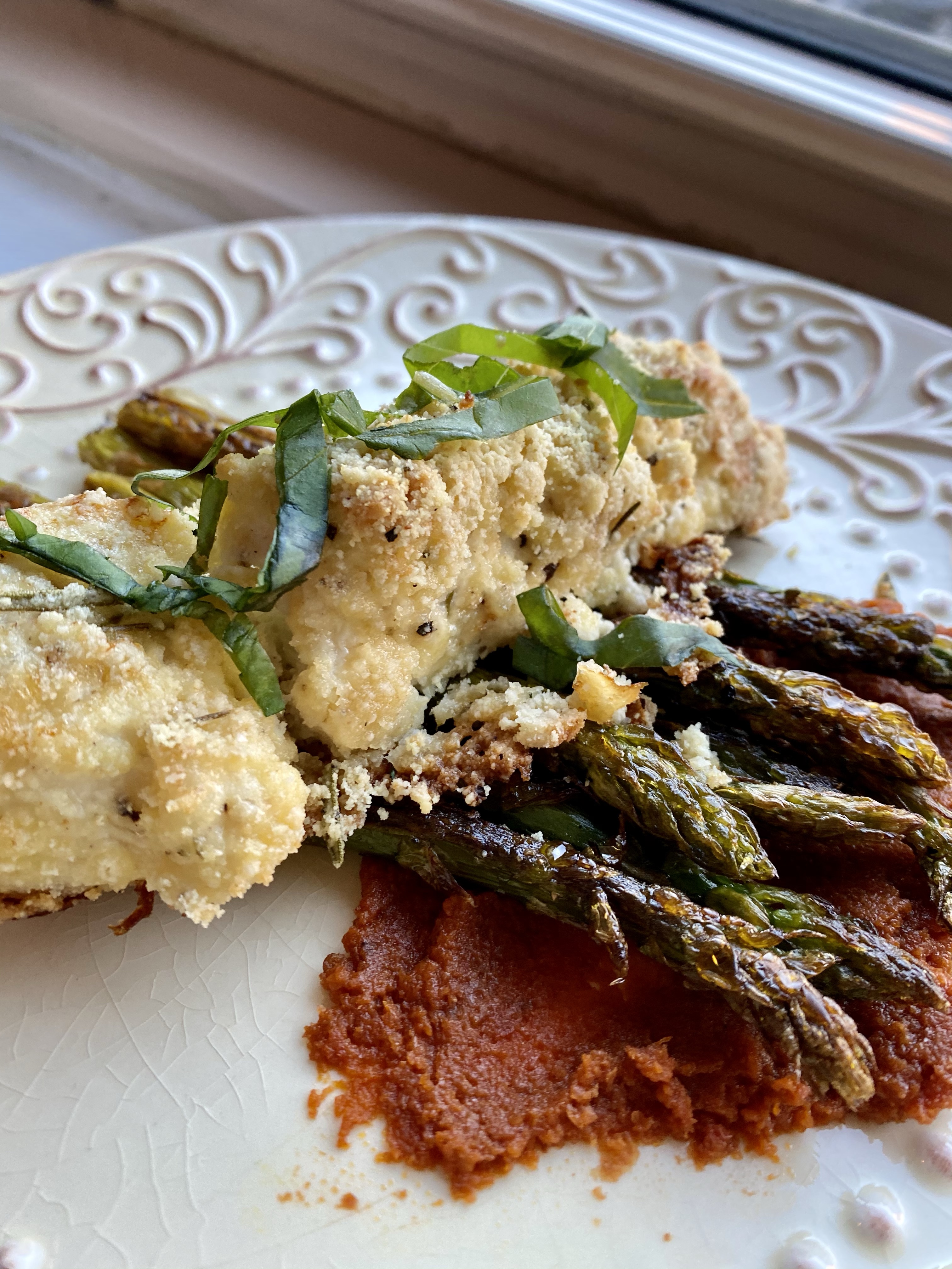Almond Flour Breaded Cod, with shoestring sweet potato fries and sun-dried tomato pesto! By BeautyBeyondBones #glutenfree #grainfree #keto #paleo #specificcarbohydratediet #pescatarian #dinner #food #edrecovery #yum