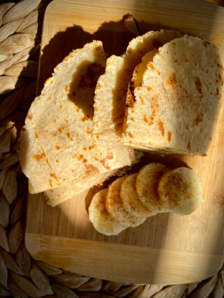 A healthy and kid-friendly #recipe! Chunky Monkey Quesadillas! A protein-packed breakfast, snack or even sweet treat, that the whole #family will love! #food #glutenfree #vegan #vegetarian #healthyfood #cooking #dessert #kids 