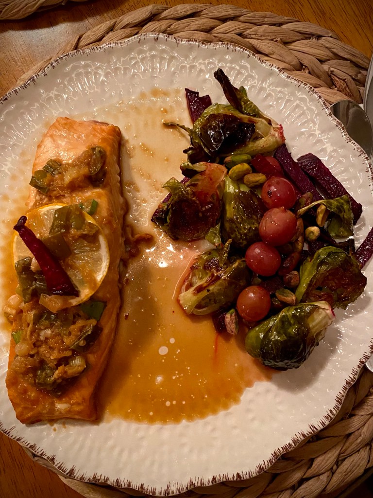 This AMAZING date night dinner is restaurant quality and is SO EASY! My Ginger Salmon with Prosecco Brussels Sprouts is beautiful, delicious and super healthy! And the secret: marinating the salmon! This makes it so flavorful, AND it doubles as a sauce after you boil it!! #salmon #fish #seafood #glutenfree #lowcarb #specificcarbohydratediet #healthyfood #dinner #recipe #dairyfree