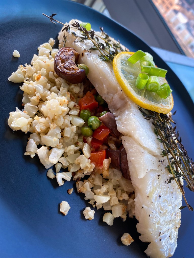 Keto never tasted this good! Italian Eggplant Pilaf! A decadently delicious cauliflower rice pilaf with Italian veggies, and topped with succulent Chilean sea bass! This gluten free and paleo dinner will be a family favorite! #food #cooking #health #healthyfood #keto #paleo #glutenfree #dairyfree #specificcarbohydratediet #dinner
