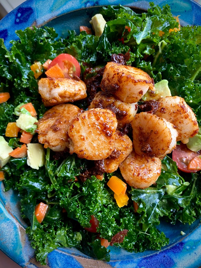 An irresistibly delicious seafood #salad! My Spicy Scallop Kale Salad is packed with #protein, healthy fats and is outrageously delicious! It's #keto and gluten free! #food #glutenfree #recipe #paleo #lowcarb #healthy #healthyfood  