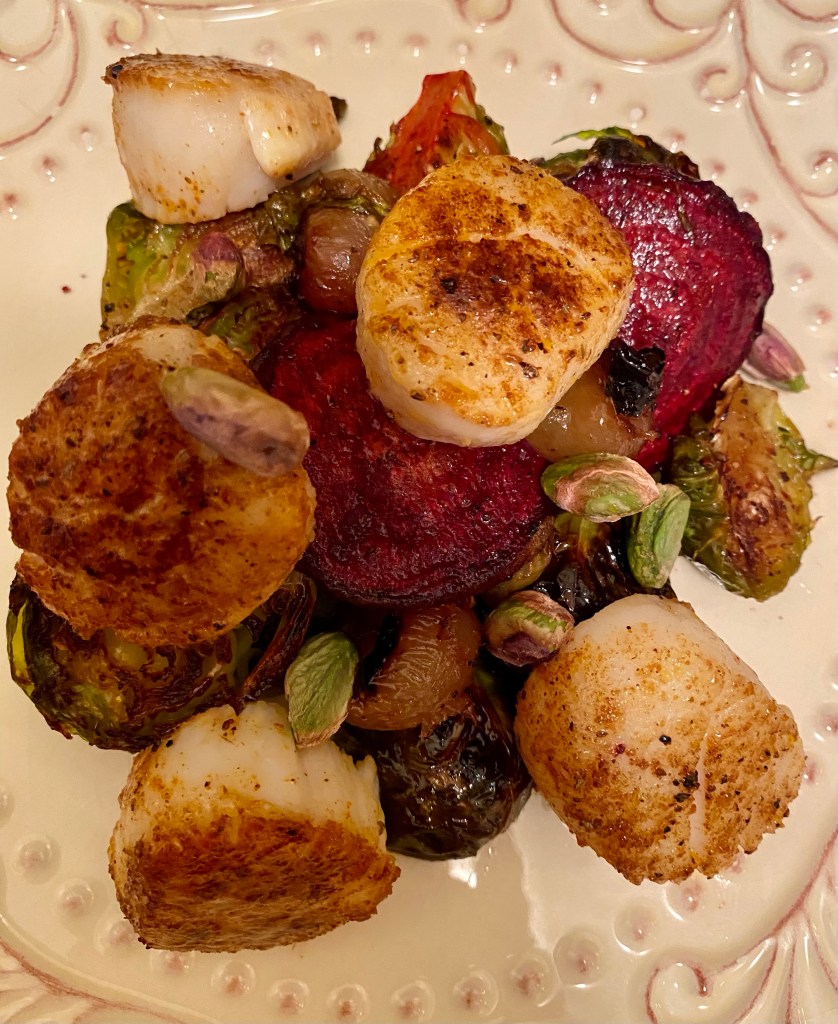 Scallops are dressed to the nines with my Harvest Gem Scallops! Slow roasted beets and brussels sprouts, crunchy pistachios and roasted grapes, kissed with champagne vinaigrette! This gluten free and paleo dinner is truly divine! #glutenfree #keto #paleo #healthyfood #food #recipe #scallops #pescatarian #dinner #specificcarbohydtratediet 