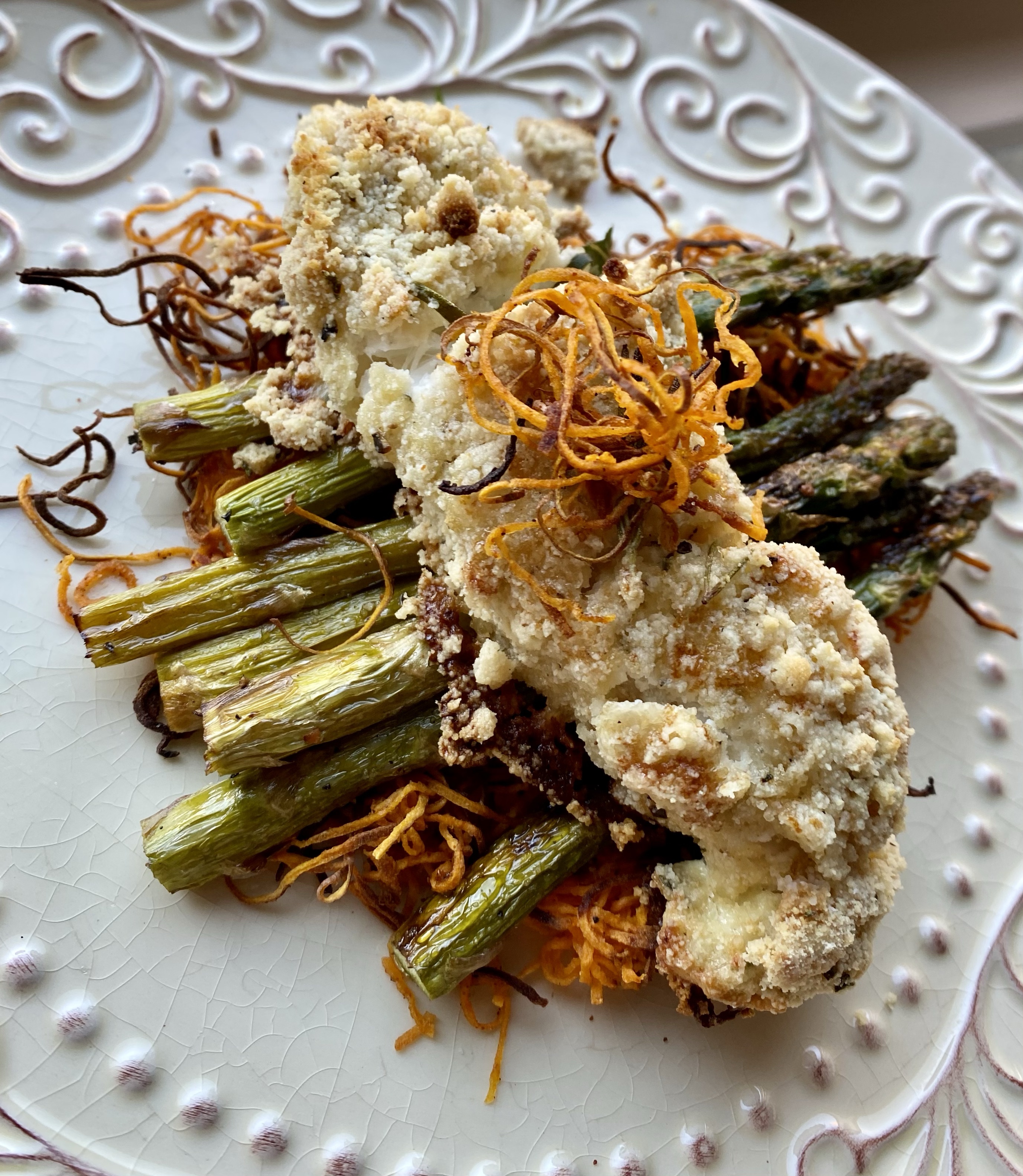 Almond Flour Breaded Cod, with shoestring sweet potato fries and sun-dried tomato pesto! By BeautyBeyondBones #glutenfree #grainfree #keto #paleo #specificcarbohydratediet #pescatarian #dinner #food #edrecovery #yum