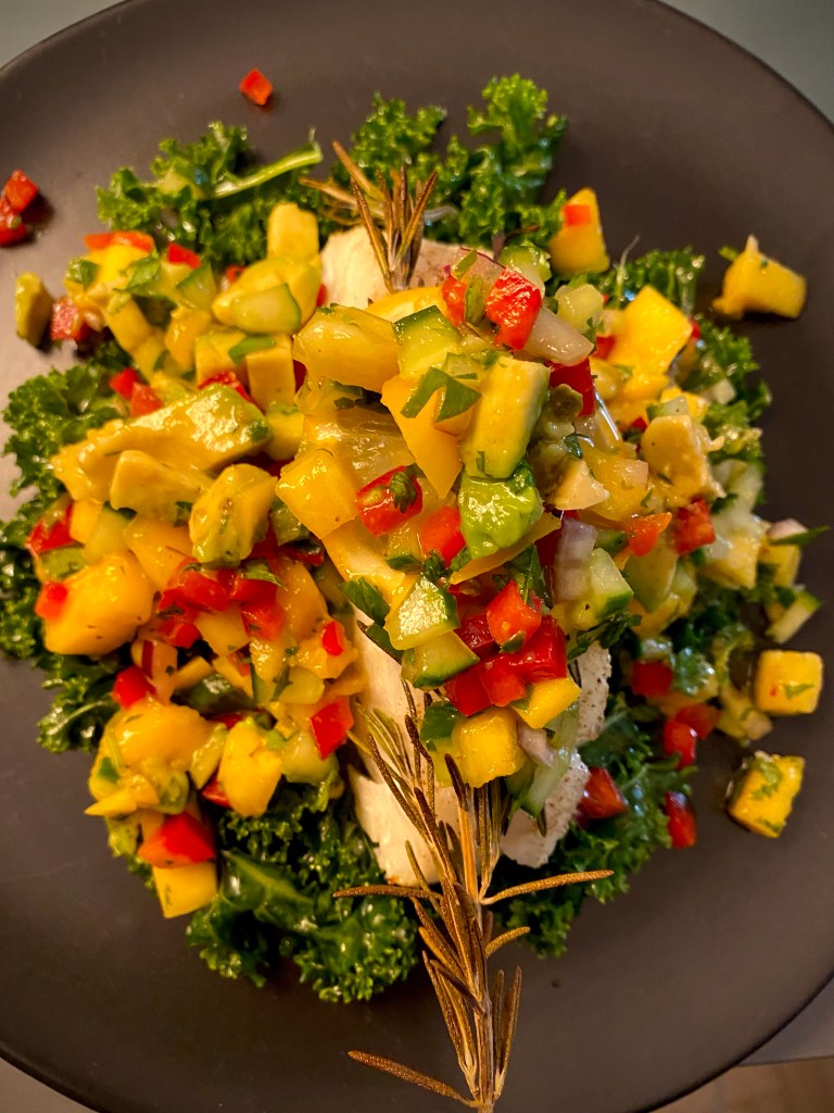 A #healthy and delicious date night recipe! Sea Bass with #Tropical Salsa! Juicy pineapple and sweet mango are front and center in this gorgeous and tasty #dinner! #food #glutenfree #healthyfood #paleo #cooking #datenight 