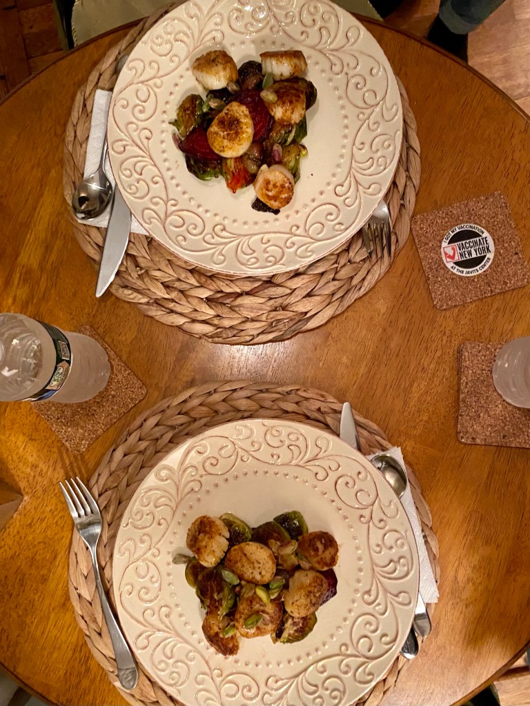 Scallops are dressed to the nines with my Harvest Gem Scallops! Slow roasted beets and brussels sprouts, crunchy pistachios and roasted grapes, kissed with champagne vinaigrette! This gluten free and paleo dinner is truly divine! #glutenfree #keto #paleo #healthyfood #food #recipe #scallops #pescatarian #dinner #specificcarbohydtratediet 