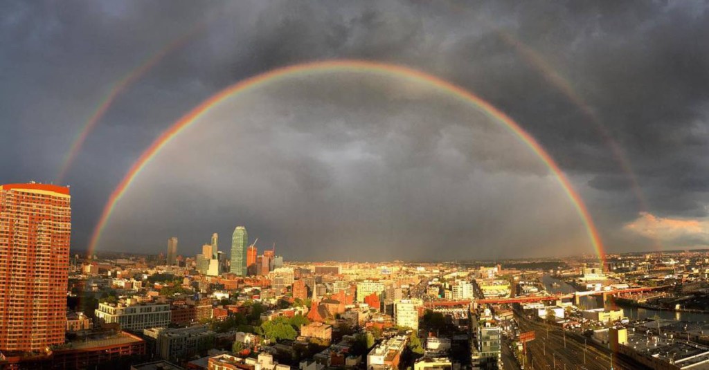 A double rainbow over New York City, - the Covid epicenter - was not only a gorgeous sight to behold, but a beautiful reminder of something more. #faith #catholic #christianity #covid #rainbow #recovery #edrecovery #god #life #nyc 