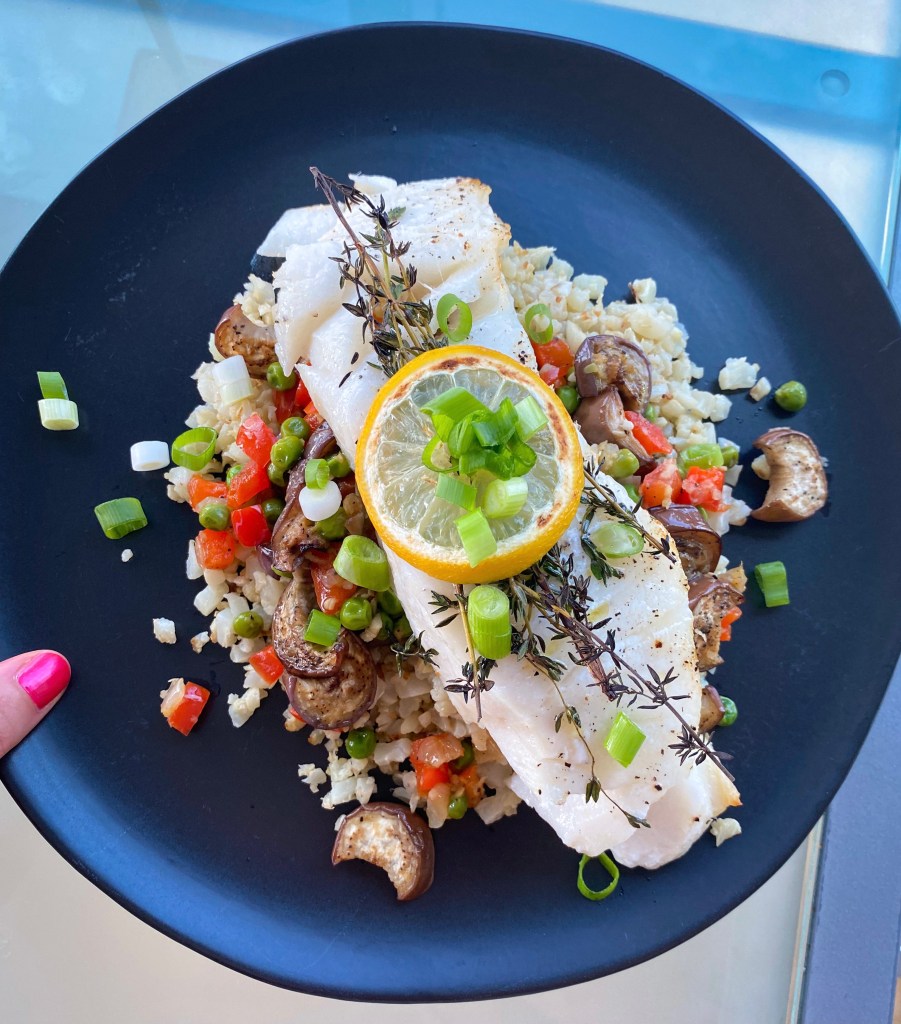Keto never tasted this good! Italian Eggplant Pilaf! A decadently delicious cauliflower rice pilaf with Italian veggies, and topped with succulent Chilean sea bass! This gluten free and paleo dinner will be a family favorite! #food #cooking #health #healthyfood #keto #paleo #glutenfree #dairyfree #specificcarbohydratediet #dinner