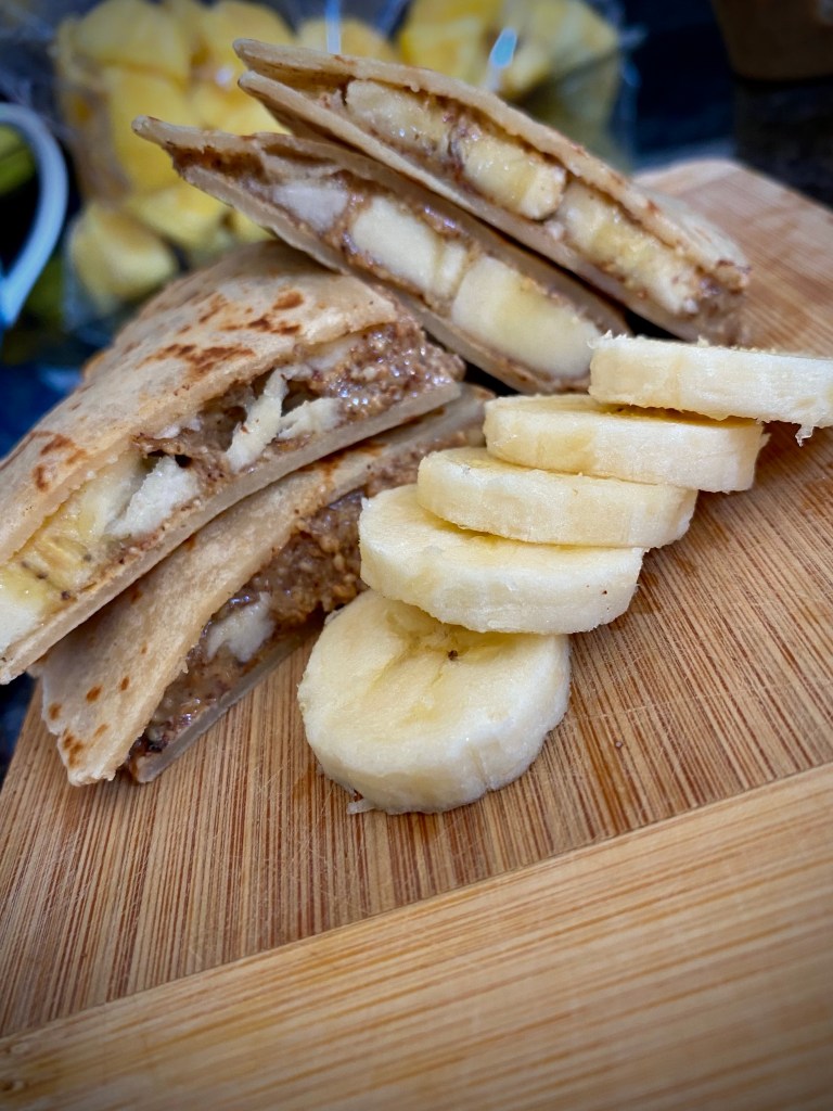 A healthy and kid-friendly #recipe! Chunky Monkey Quesadillas! A protein-packed breakfast, snack or even sweet treat, that the whole #family will love! #food #glutenfree #vegan #vegetarian #healthyfood #cooking #dessert #kids 