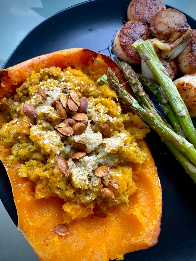 This rustically fabulous dish is as delicious as it is gorgeous! Pesto Butternut Squash Boats! Packed with flavor, this is one healthy #dinner your family will love! #glutenfree #vegetarian #vegan #keto #lowcarb #paleo #food #healthy #recipe 