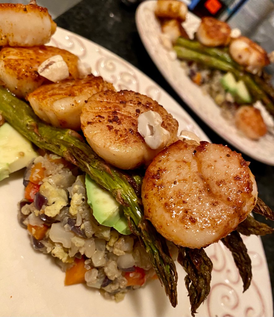 A healthy and delicious KETO dinner! My scallop fried rice tower is a feast for the eyes as well as the stomach! This gluten free recipe is a staple in house! It's Specific Carbohydrate Diet friendly too! #food #keto #paleo #lowcarb #healthyfood #fish #seafood #glutenfree #specificcarbohydratediet #friedrice